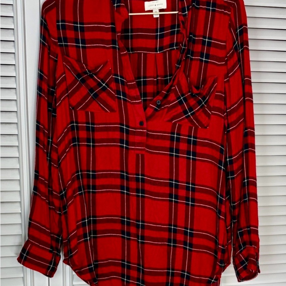 Lucky Brand Red and Black Plaid Henley Tunic Shirt